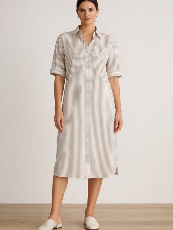 john henry Dresses & Skirts - John Henry Tan & Cream Striped Shirt Dress short cuffed sleeves Pockets Size10P